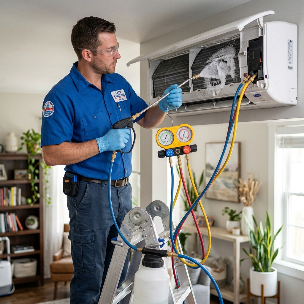 A1 Super Air Cool technician professionally servicing an AC unit