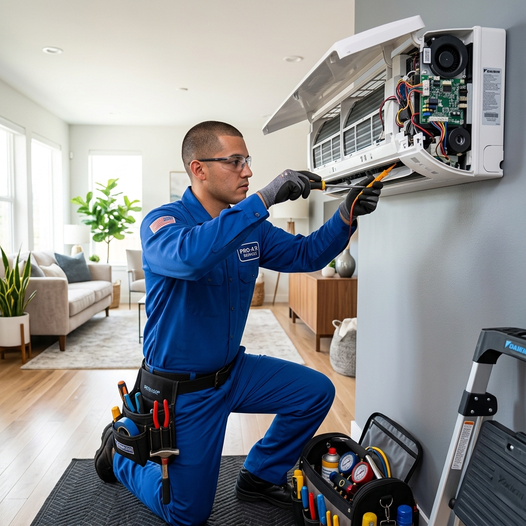 Experienced AC technician servicing an air conditioner unit